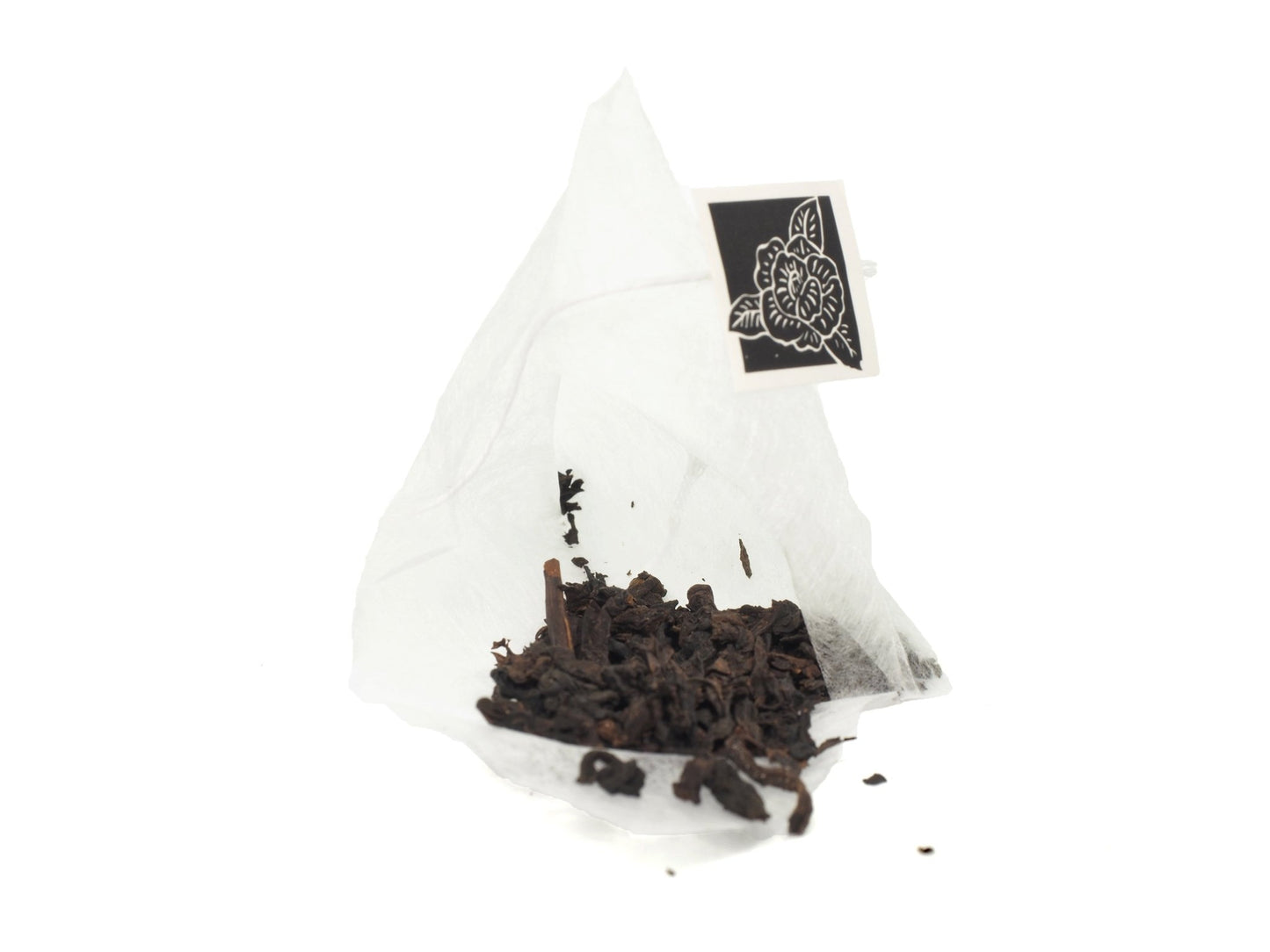 Loose leaves of premium Liu Bao whole tea leaves in tea bags from Cha Zhi Ji